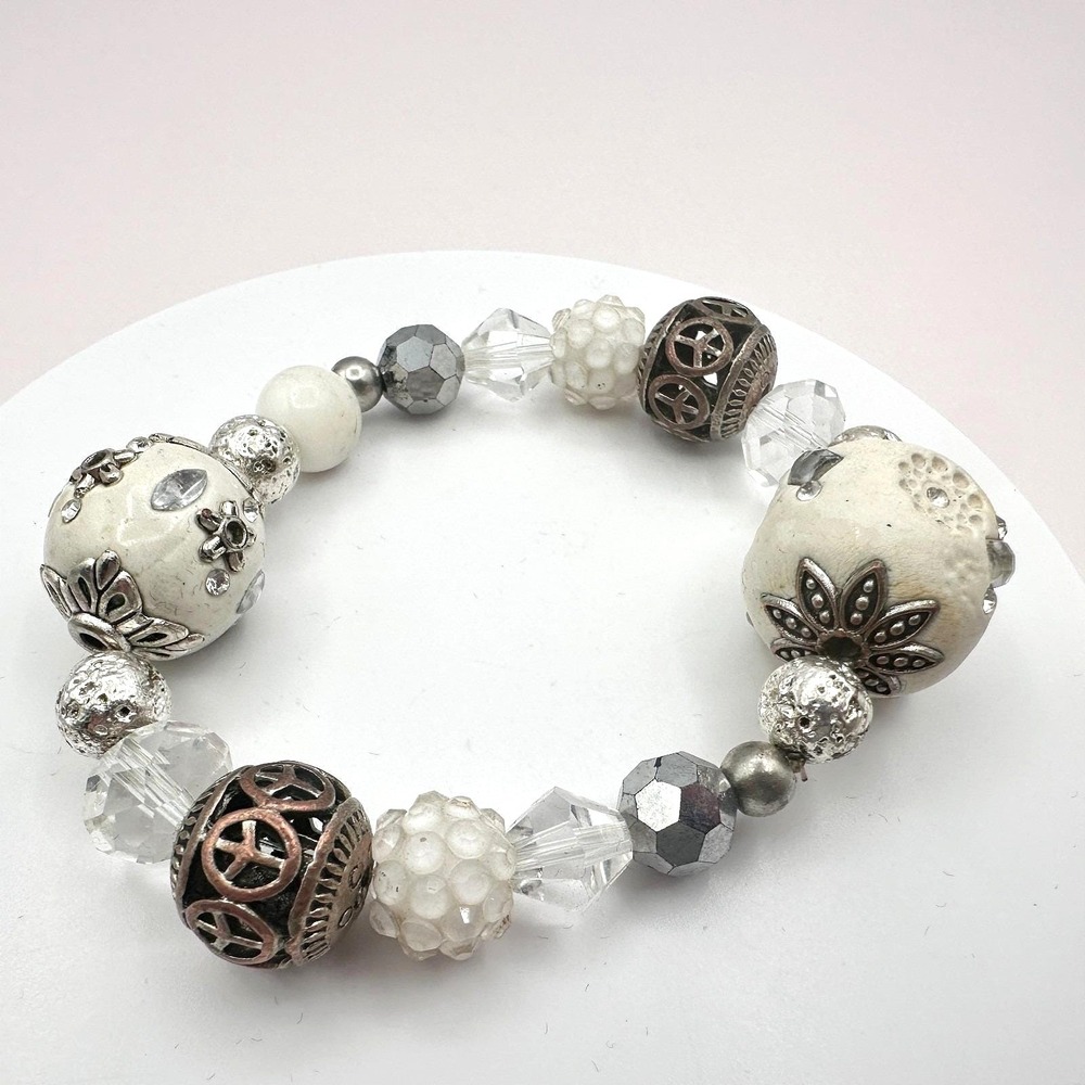 Vintage 90s Y2K Clear Rhinestone Peace Sign Beaded Bracelet Boho Women's Jewelry